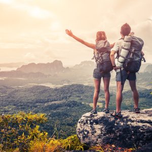 Tourist Couple hiking summer vacation maldives