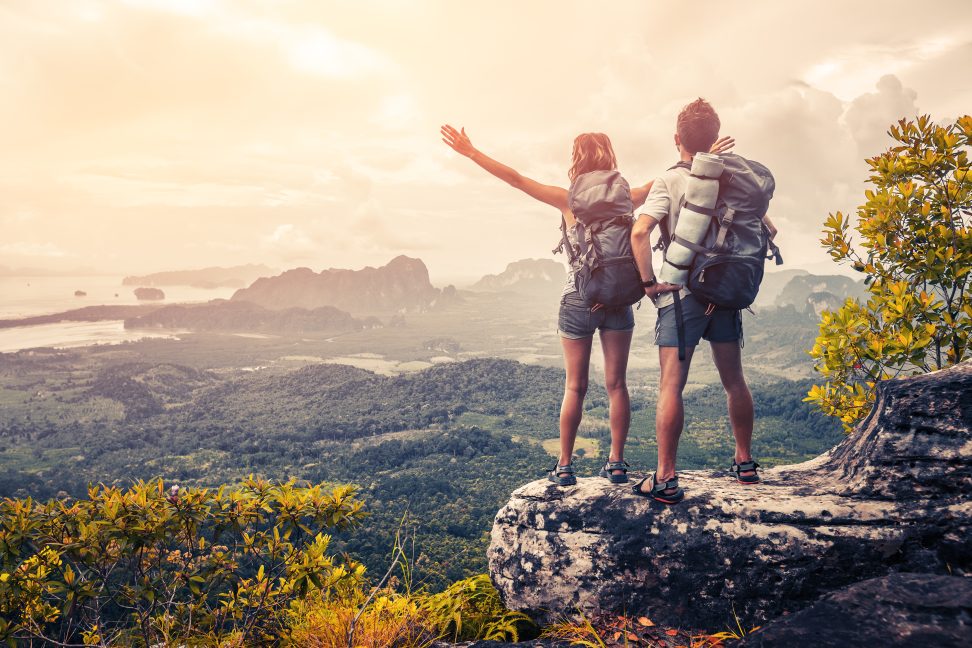 Tourist Couple hiking summer vacation maldives